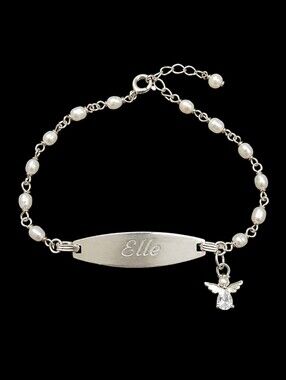Dainty Sterling Silver Pearlesque Chain Elle ID Angel Tennis Bracelet